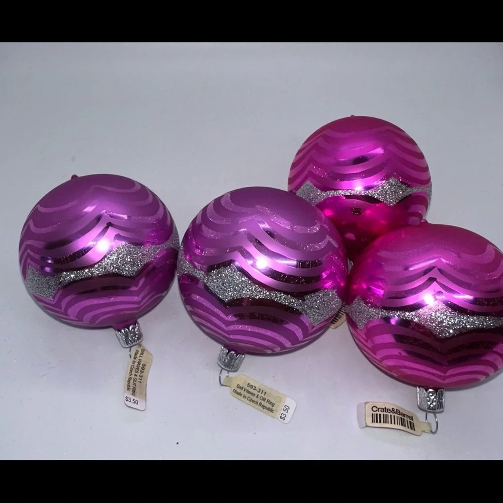 Vintage Crate&Barrel Pink Glass Christmas Ornaments Lot of 4 New Old Stock